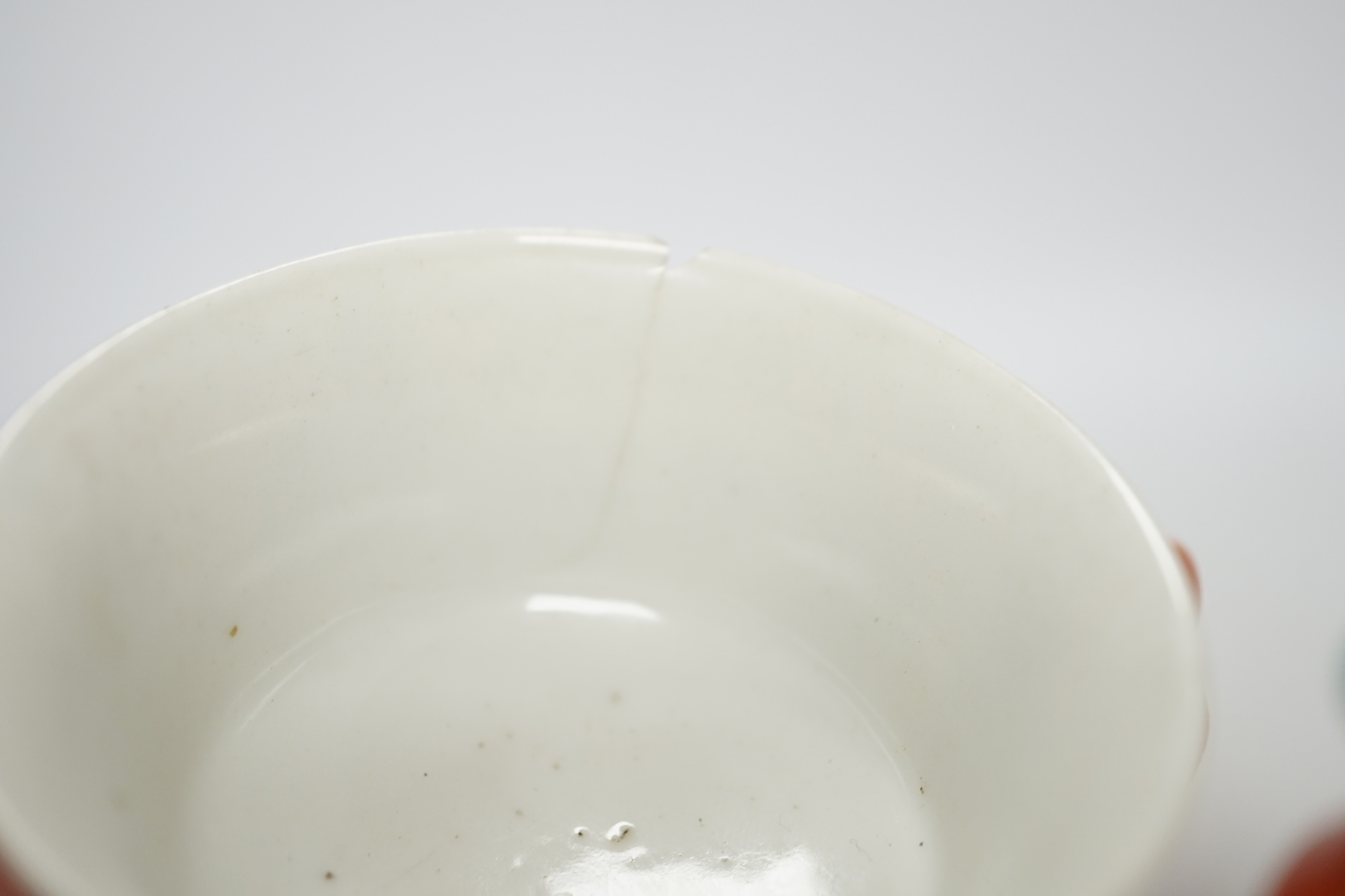 Six Chinese miniature porcelain vases and tea bowls, with wood stands, largest overall 15cm high. Condition - poor to fair